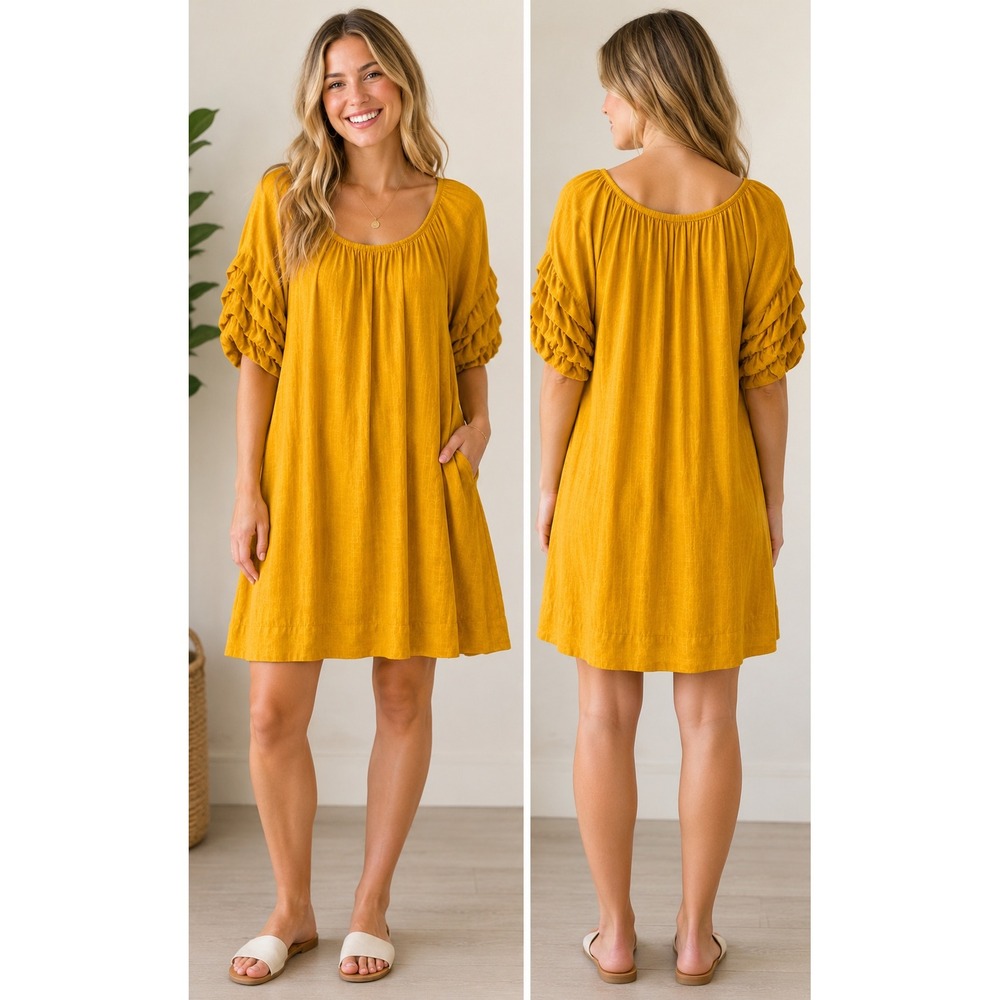 Indigo Rose Mustard Yellow Tiered Ruffle Sleeve Boho Shift Mini Dress NWT Large